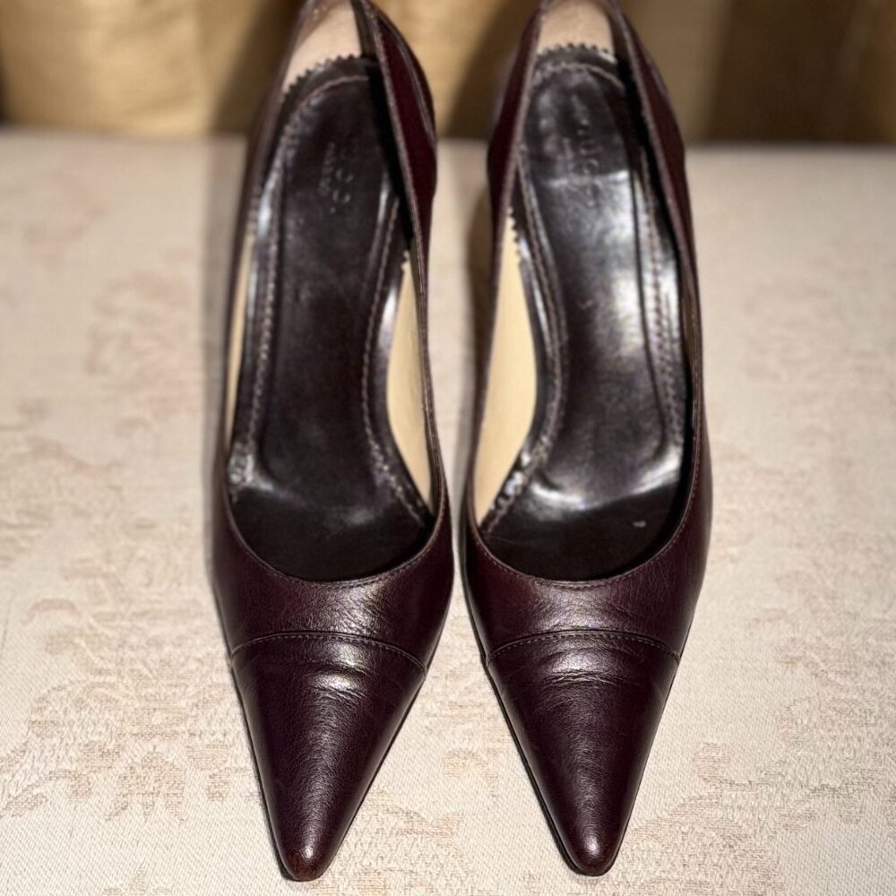 Gucci 115157 Brown Leather Pumps Pointed Toe Size 7.5 Shoes - Picture 5 of 16